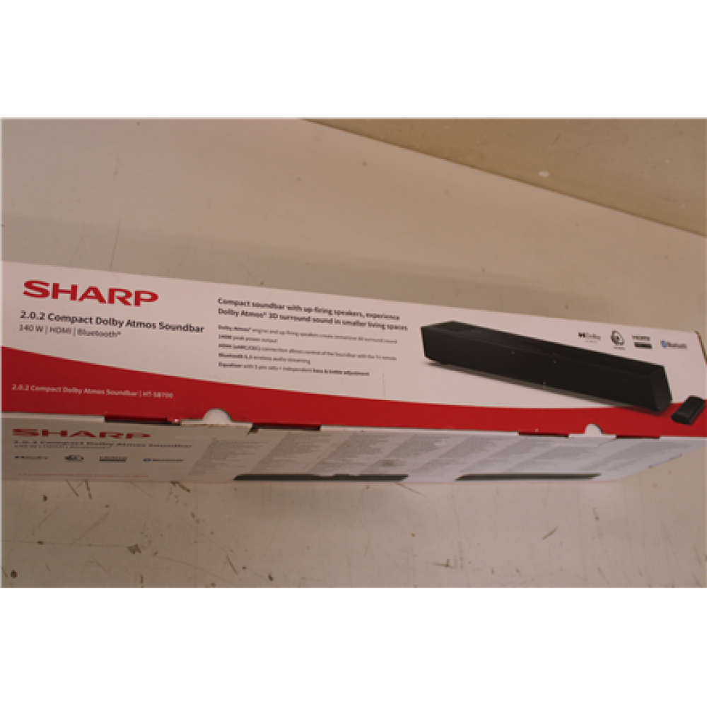 SALE OUT. Sharp HT-SB700 2.0.2 Compact Dolby Atmos Soundbar , Sharp 2.0.2 Compact Dolby Atmos Soundbar , HT-SB700 , 140 W , DEMO , Bluetooth , Black , Wireless connection , Sharp 2.0.2 Compact Dolby Atmos Soundbar , HT-SB700 , 140 W , DEMO , Bluetooth , B