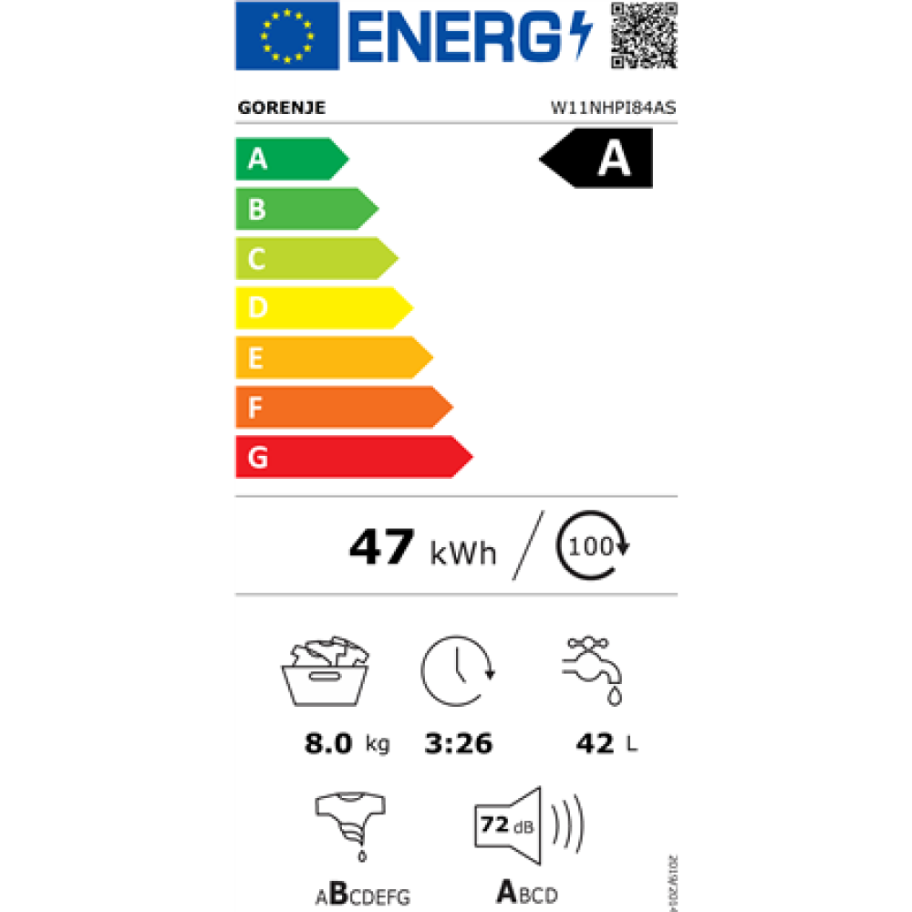 Gorenje , Washing Machine , W11NHPI84AS , Energy efficiency class A , Front loading , Washing capacity 8 kg , 1400 RPM , Depth 54 cm , Width 60 cm , Display , LED , Steam function , White