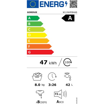Gorenje , Washing Machine , W11NHPI84AS , Energy efficiency class A , Front loading , Washing capacity 8 kg , 1400 RPM , Depth 54 cm , Width 60 cm , Display , LED , Steam function , White