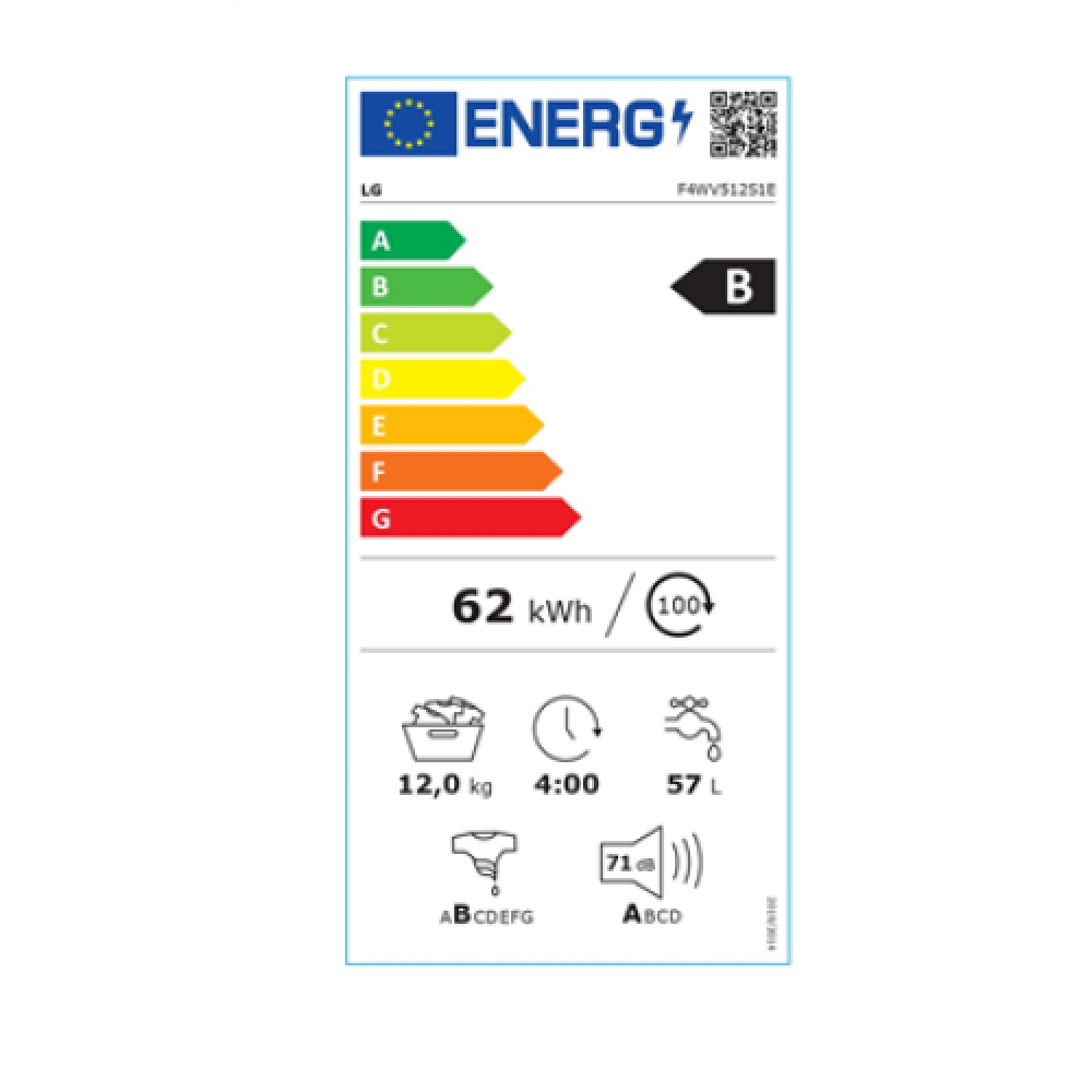 LG , F4WV512S1E , Washing Machine , Energy efficiency class B , Front loading , Washing capacity 12 kg , 1400 RPM , Depth 61.5 cm , Width 60 cm , Display , LED , Drying capacity kg , Steam function , Direct drive , White