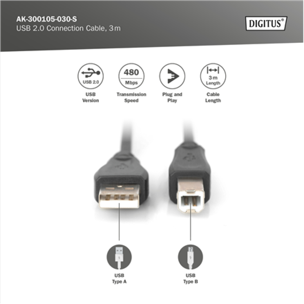 Digitus USB 2.0 Connection Cable , AK-300105-030-S