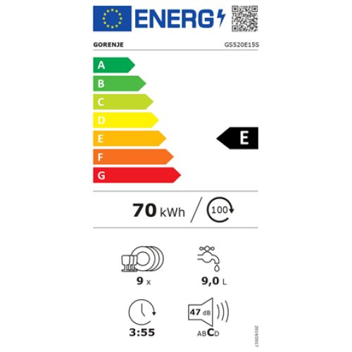 Gorenje Dishwasher , GS520E15S , Free standing , Width 45 cm , Number of place settings 9 , Number of programs 5 , Energy efficiency class E , Display , AquaStop function , Grey