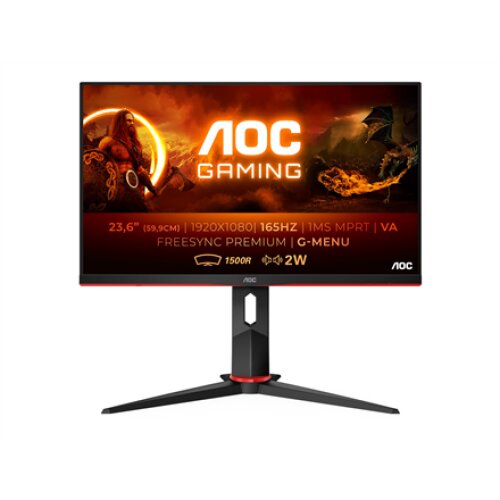 AOC , Curved Gaming Monitor , C24G2AE/BK , 23.6 , VA , FHD , 16:9 , 165 Hz , 1 ms , 1920×1080 , 250 cd/m² , HDMI ports quantity 2 , Black/Red , Warranty 36 month(s)