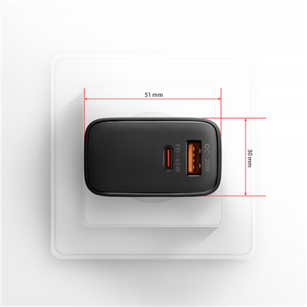 AXAGON GaN wallcharger 2x port (USB-A + USB-C), PD3.0/PPS/QC4+/SFC2.0/AFC/SCP/FCP/Apple, 45W , ACU-PQ45