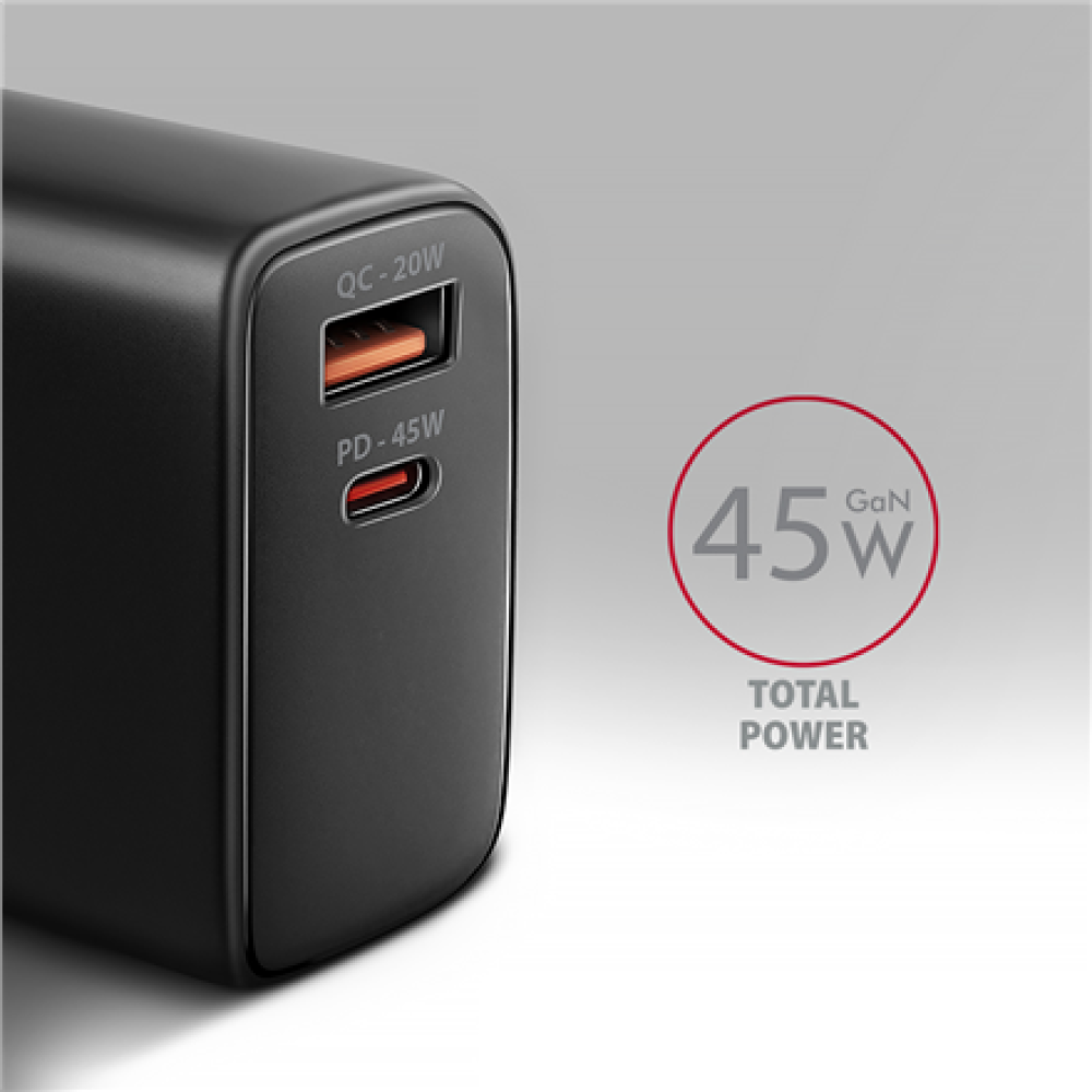 AXAGON GaN wallcharger 2x port (USB-A + USB-C), PD3.0/PPS/QC4+/SFC2.0/AFC/SCP/FCP/Apple, 45W , ACU-PQ45