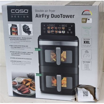 SALE OUT. Caso 03189 DuoTower Double Air Fryer, Total capacity 12.4 L, Black , Caso Double Air Fryer , AirFry DuoTower , Capacity 12.4 L , Black , DAMAGED PACKAGING, CRACKED BODY , 24 month(s)