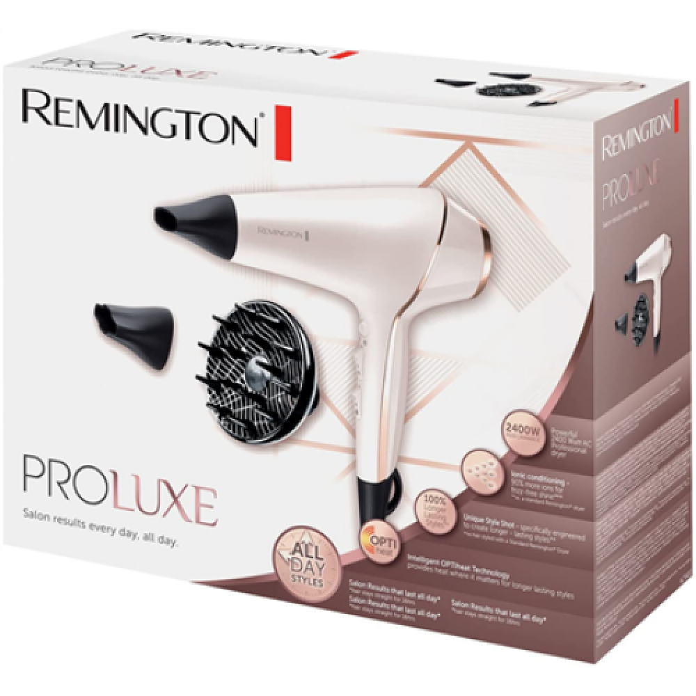 Remington , Hair dryer , ProLuxe AC9140 , 2400 W , Number of temperature settings 3 , Ionic function , Diffuser nozzle , White/Gold/Black
