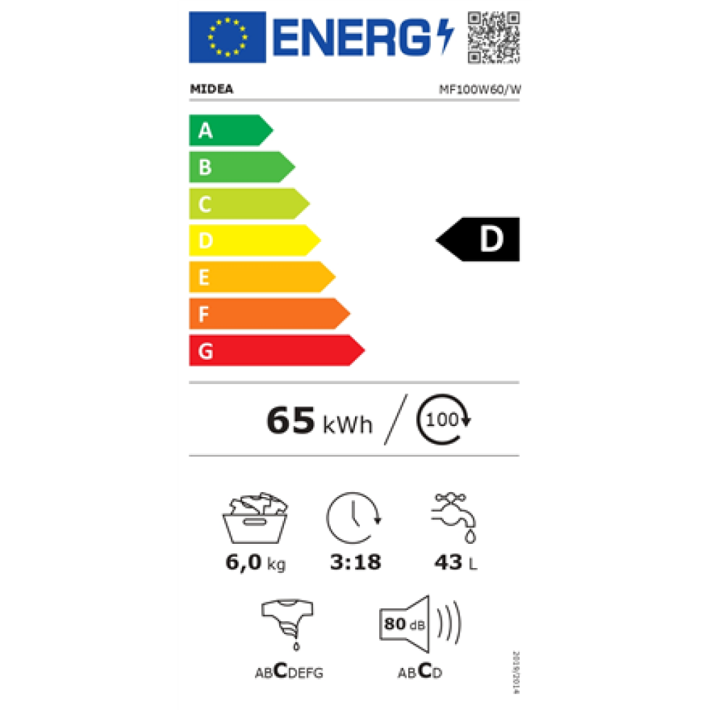 Midea Washing Machine , MF100W60/W , Energy efficiency class D , Front loading , Washing capacity 6 kg , 1000 RPM , Depth 40 cm , Width 60 cm , LED , White