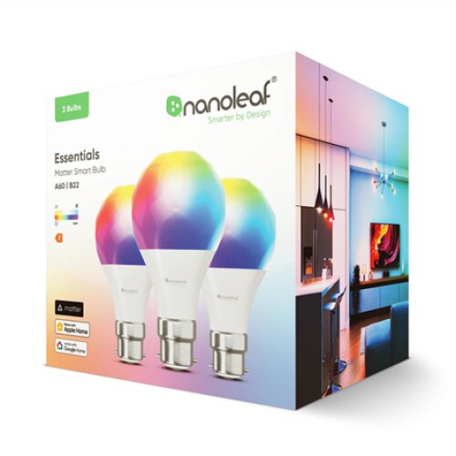 Nanoleaf Essentials Smart A60 Bulb B22 Matter 9W 806Lm RGBCW 2700-6500K, 3pcs pack Nanoleaf , Nanoleaf Essentials Smart A60 Bulb B22 Matter 9W 806Lm RGBCW 2700-6500K, 3pcs pack , B22 , 8.5 W , RGBCW , Bluetooth, Thread