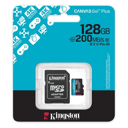 Kingston , Canvas Go! Plus , 128 GB , microSD , Flash memory class Class 10, UHS-I, U3, V30, A2
