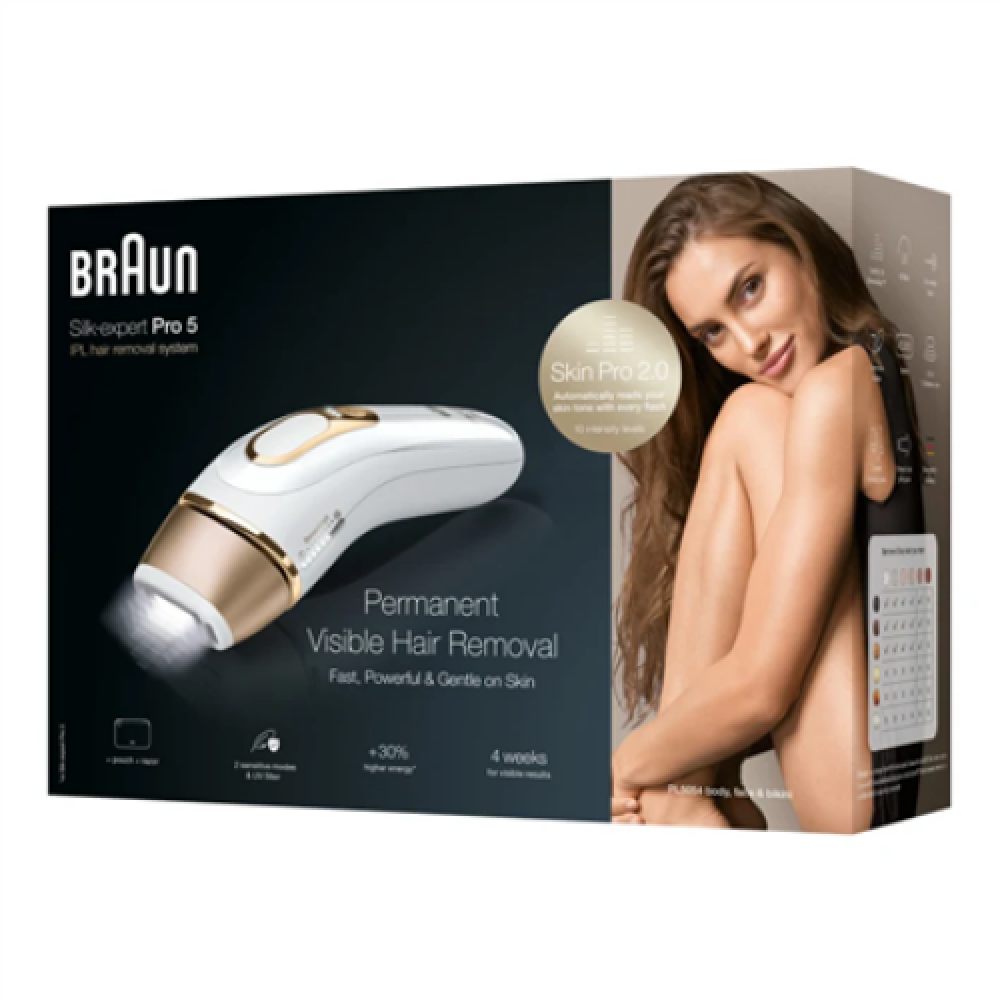 Braun , Epilator , PL5054 Silk-expert Pro 5 IPL , Bulb lifetime (flashes) 400.000 , Number of power levels 10 , White/Gold