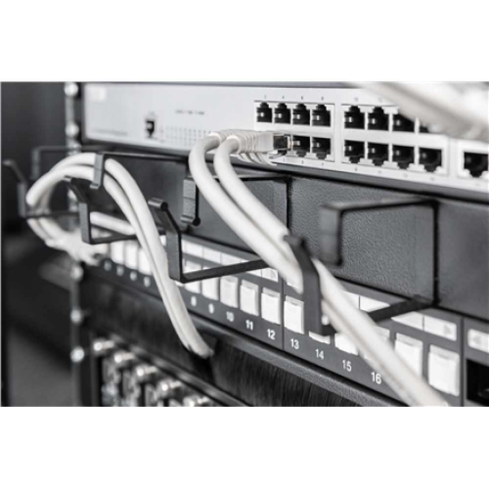 Digitus , Cable Management Panel , DN-97602 , Black , 5x cable management ring (HxD: 40x60 mm). The Cable Management Panel is getting fixed on the 483 mm (19“) profile rails. Five cable guiding rings allow an easy, horizontal array of patch cables. It gua
