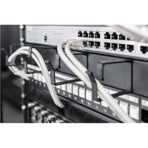 Digitus , Cable Management Panel , DN-97602 , 5x cable management ring (HxD: 40x60 mm). The Cable Management Panel is getting fixed on the 483 mm (19“) profile rails. Five cable guiding rings allow an easy, horizontal array of patch cables. It guarantees 