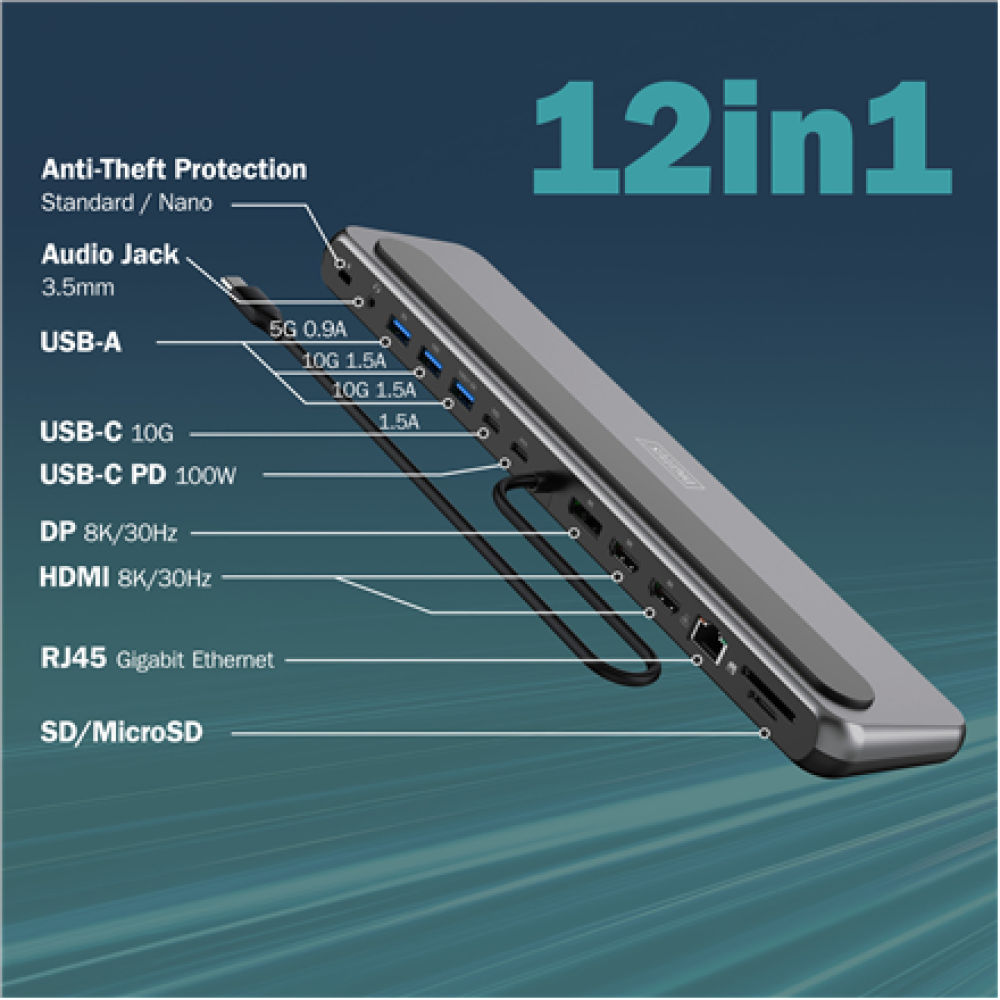 Digitus USB-C 8K docking station, 12-port , DA-70919 , Ethernet LAN (RJ-45) ports 1 , HDMI ports quantity 2