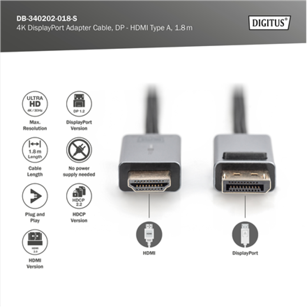 Digitus 4K DisplayPort Adapter Cable, DP - HDMI Type A , DB-340202-018-S , 1.8 m