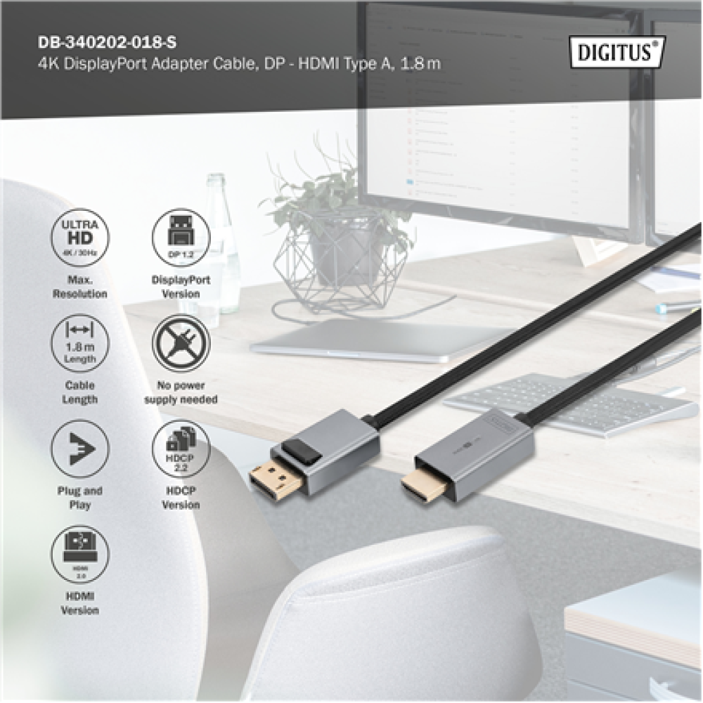 Digitus 4K DisplayPort Adapter Cable, DP - HDMI Type A , DB-340202-018-S , 1.8 m