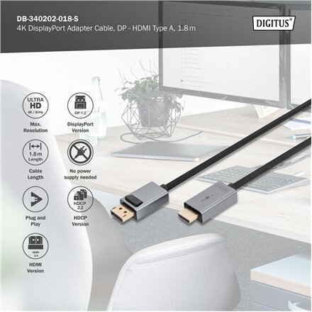 Digitus 4K DisplayPort Adapter Cable, DP - HDMI Type A , DB-340202-018-S , 1.8 m
