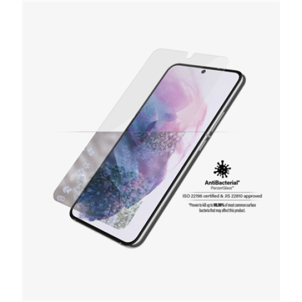 PanzerGlass , Samsung , Galaxy S22 , Tempered glass , Transparent , Case friendly. Compatible with ultrasonic fingerprint sensor. 100 % touch sensitivity. Antibacterial (ISO 22196 certified & JIS 22810 approved) , Screen Protector