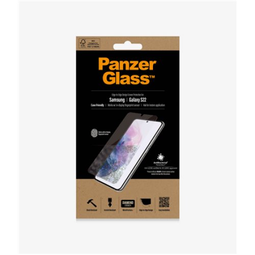 PanzerGlass , Samsung , Galaxy S22 , Tempered glass , Transparent , Case friendly. Compatible with ultrasonic fingerprint sensor. 100 % touch sensitivity. Antibacterial (ISO 22196 certified & JIS 22810 approved) , Screen Protector