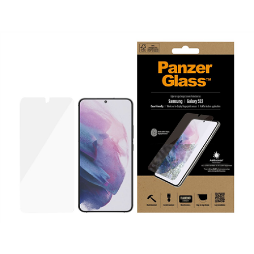 PanzerGlass , Samsung , Galaxy S22 , Tempered glass , Transparent , Case friendly. Compatible with ultrasonic fingerprint sensor. 100 % touch sensitivity. Antibacterial (ISO 22196 certified & JIS 22810 approved) , Screen Protector