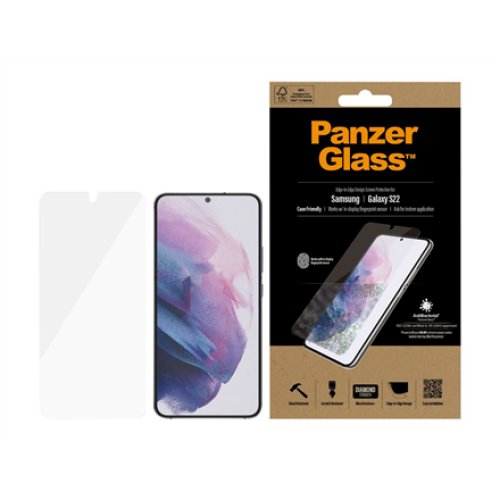 PanzerGlass , Samsung , Galaxy S22 , Tempered glass , Transparent , Case friendly. Compatible with ultrasonic fingerprint sensor. 100 % touch sensitivity. Antibacterial (ISO 22196 certified & JIS 22810 approved) , Screen Protector
