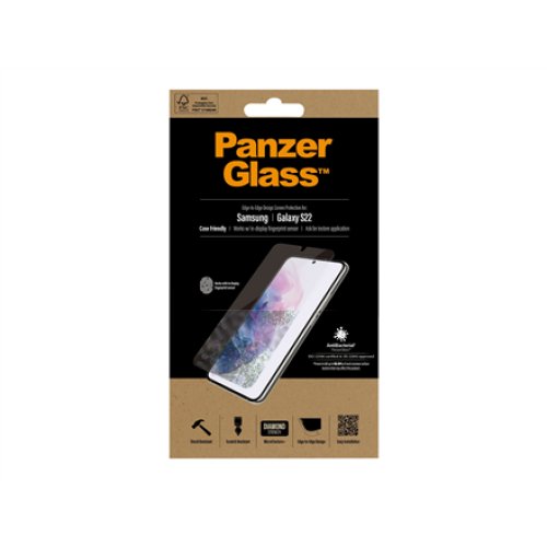 PanzerGlass , Samsung , Galaxy S22 , Tempered glass , Transparent , Case friendly. Compatible with ultrasonic fingerprint sensor. 100 % touch sensitivity. Antibacterial (ISO 22196 certified & JIS 22810 approved) , Screen Protector