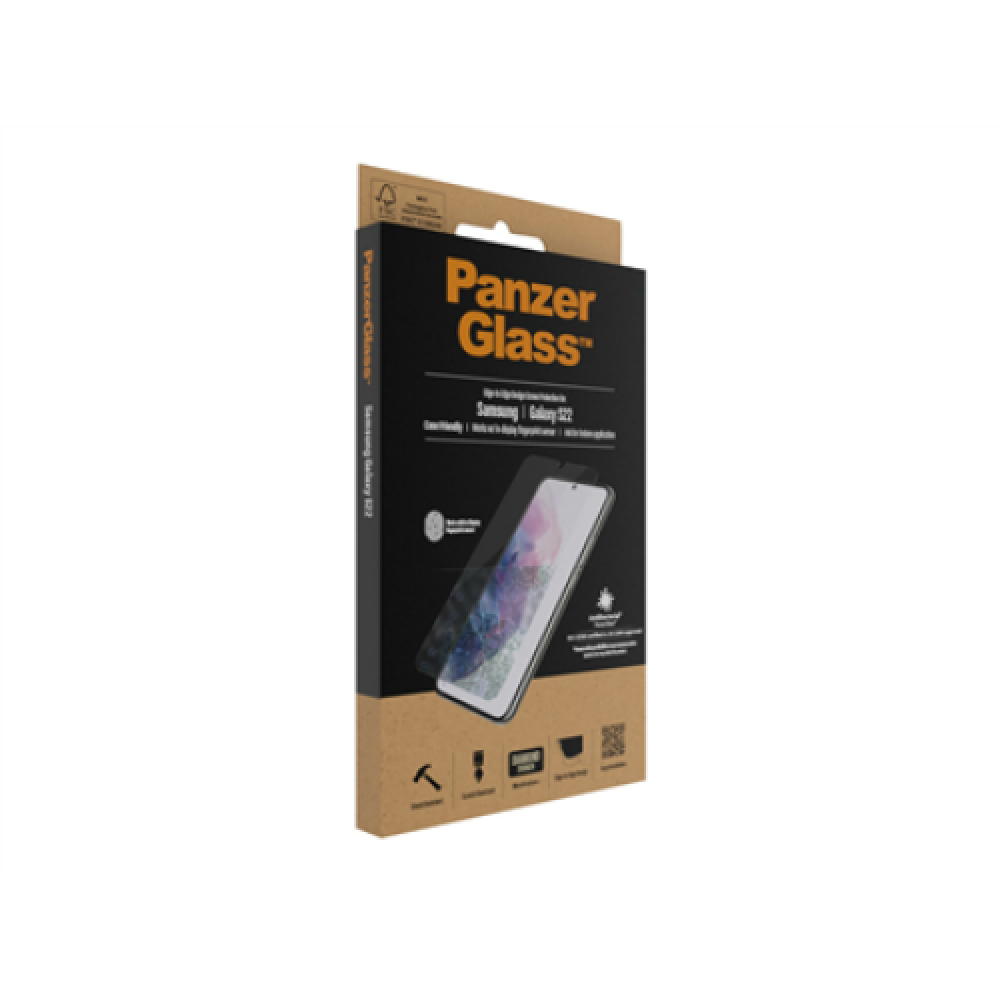 PanzerGlass , Samsung , Galaxy S22 , Tempered glass , Transparent , Case friendly. Compatible with ultrasonic fingerprint sensor. 100 % touch sensitivity. Antibacterial (ISO 22196 certified & JIS 22810 approved) , Screen Protector