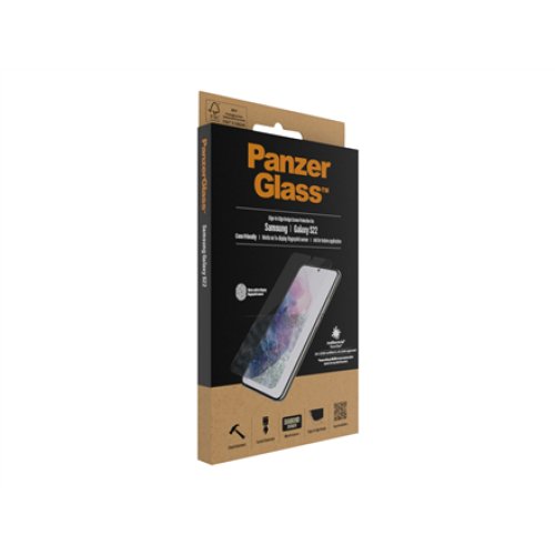 PanzerGlass , Samsung , Galaxy S22 , Tempered glass , Transparent , Case friendly. Compatible with ultrasonic fingerprint sensor. 100 % touch sensitivity. Antibacterial (ISO 22196 certified & JIS 22810 approved) , Screen Protector