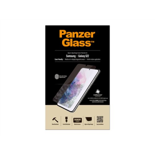 PanzerGlass , Samsung , Galaxy S22 , Tempered glass , Transparent , Case friendly. Compatible with ultrasonic fingerprint sensor. 100 % touch sensitivity. Antibacterial (ISO 22196 certified & JIS 22810 approved) , Screen Protector