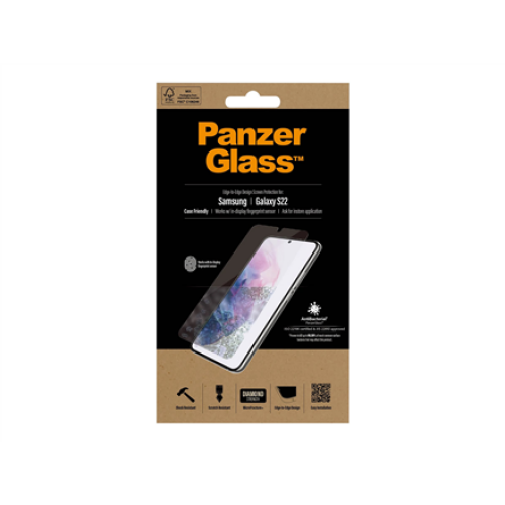 PanzerGlass , Samsung , Galaxy S22 , Tempered glass , Transparent , Case friendly. Compatible with ultrasonic fingerprint sensor. 100 % touch sensitivity. Antibacterial (ISO 22196 certified & JIS 22810 approved) , Screen Protector