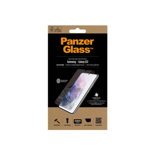 PanzerGlass , Samsung , Galaxy S22 , Tempered glass , Transparent , Case friendly. Compatible with ultrasonic fingerprint sensor. 100 % touch sensitivity. Antibacterial (ISO 22196 certified & JIS 22810 approved) , Screen Protector