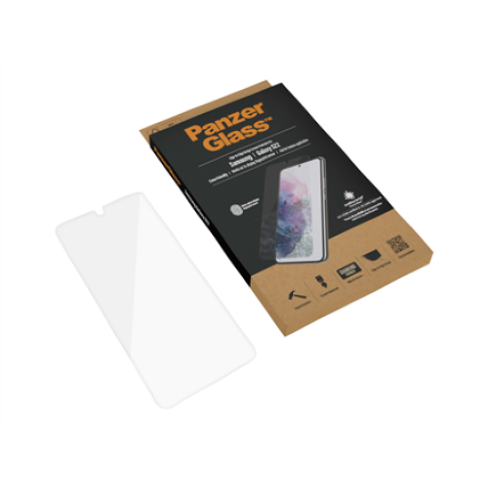 PanzerGlass , Samsung , Galaxy S22 , Tempered glass , Transparent , Case friendly. Compatible with ultrasonic fingerprint sensor. 100 % touch sensitivity. Antibacterial (ISO 22196 certified & JIS 22810 approved) , Screen Protector