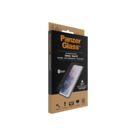 PanzerGlass , Samsung , Galaxy S22 , Tempered glass , Transparent , Case friendly. Compatible with ultrasonic fingerprint sensor. 100 % touch sensitivity. Antibacterial (ISO 22196 certified & JIS 22810 approved) , Screen Protector