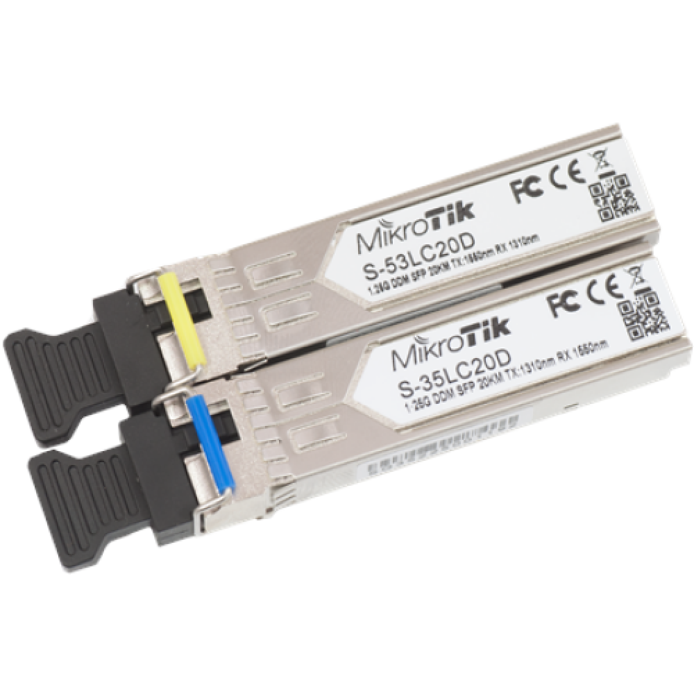 MikroTik Pair of SFP modules S-3553LC20D (S-35LC20D 1.25G SM 20km T1310nm/R1550nm + S-53LC20D 1.25G SM 20km T1550nm/R1310nm) , MikroTik , Maximum transfer distance 20000 m