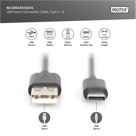 Digitus , USB Type-C connection cable, type USB-A - USB-C , AK-300154-010-S