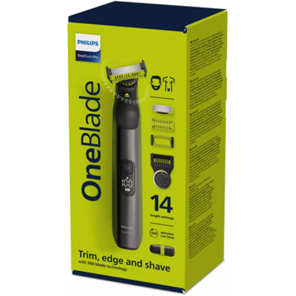 Philips , OneBlade Pro 360 Shaver, Face & Body , QP6651/61 , Operating time (max) 120 min , Wet & Dry , Lithium Ion , Black/Green