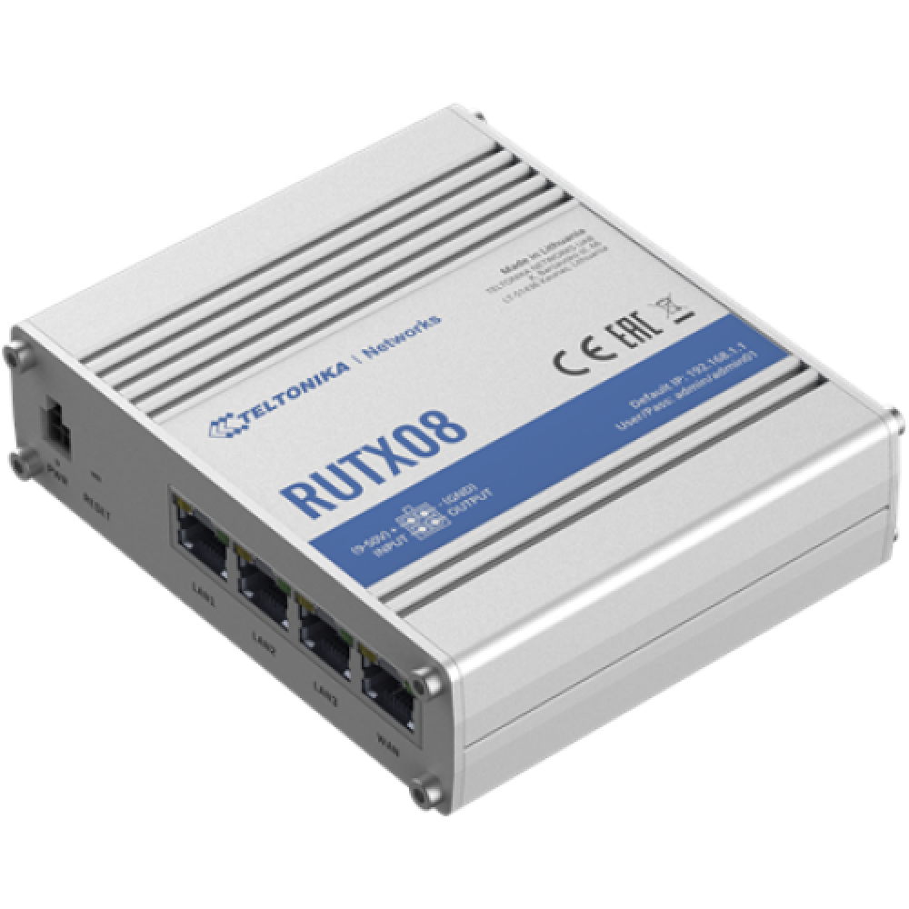 Industrial Router , RUTX08 , No Wi-Fi , 10/100/1000 Mbit/s , Ethernet LAN (RJ-45) ports 4 , Mesh Support No , MU-MiMO No , No mobile broadband , 1 , 24 month(s)