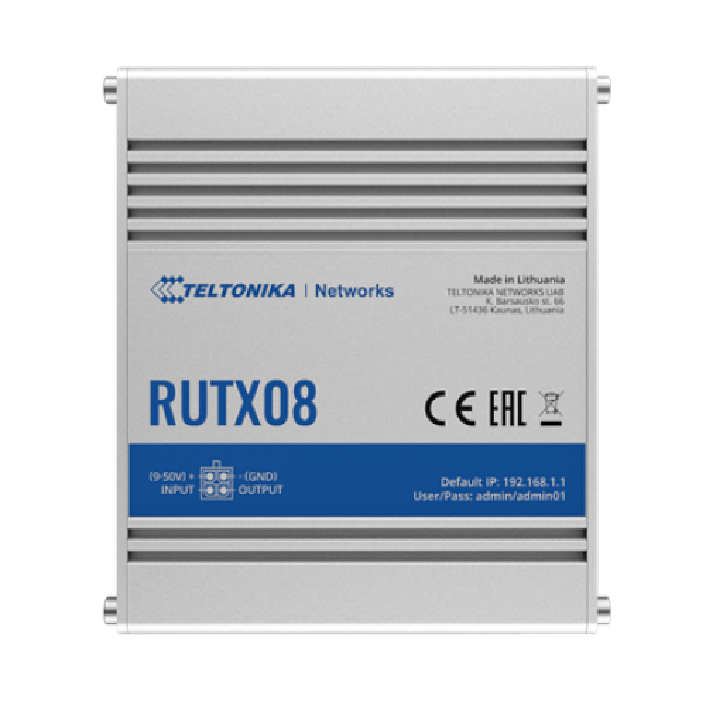 Industrial Router , RUTX08 , No Wi-Fi , 10/100/1000 Mbit/s , Ethernet LAN (RJ-45) ports 4 , Mesh Support No , MU-MiMO No , No mobile broadband , 1 , 24 month(s)