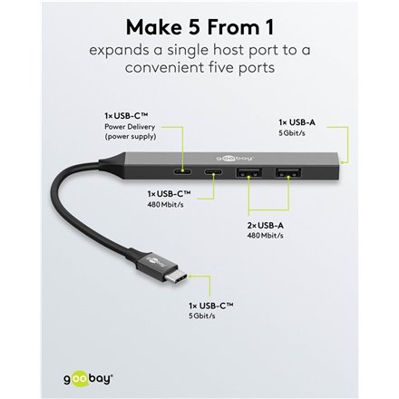 Goobay Slim 5-Port USB Hub, USB-C to USB-C/USB-A, 5 Gbit/s , 74460