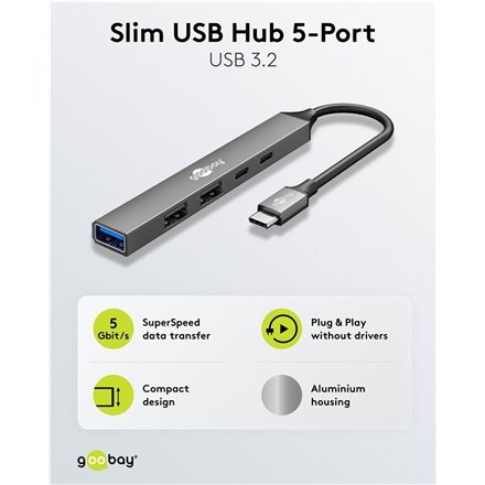 Goobay Slim 5-Port USB Hub, USB-C to USB-C/USB-A, 5 Gbit/s , 74460