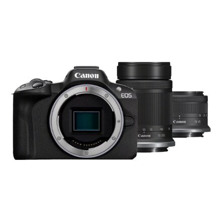 Canon , EOS R50 + RF-S 18-45mm F4.5-6.3 IS STM + RF-S 55-210mm F5-7.1 IS STM (SIP) , Megapixel 24.2 MP , Image stabilizer , ISO sensitivity (max) 32000 , Display diagonal 2.95 , Wi-Fi , Video recording , Automatic, manual , CMOS , Black