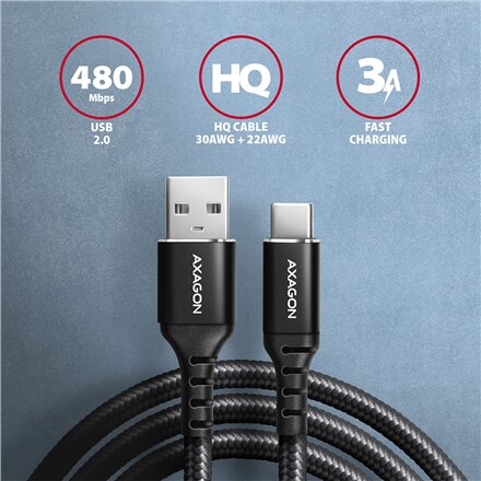 AXAGON , Data and charging USB 2.0 cable, 1 m , BUCM-AM10AB , USB-C to USB-A