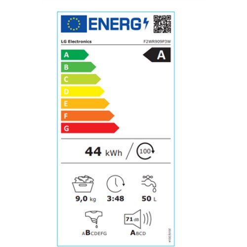 LG , Washing Machine , F2WR909P3W , Energy efficiency class A , Front loading , Washing capacity 9 kg , 1200 RPM , Depth 47.5 cm , Width 60 cm , LED , Steam function , Direct drive , Wi-Fi , White