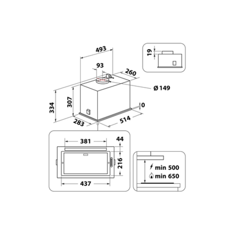 Whirlpool Hood , WCT3 63F LTX , Built-in , Energy efficiency class B , Width 51.4 cm , 430 m³/h , Electronic , LED , Inox
