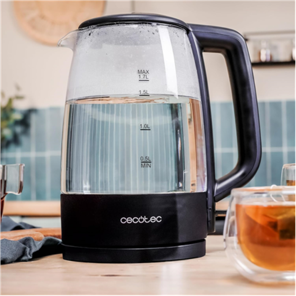 Cecotec Kettle , ThermoSense 320 Clear , 2200 W , Electric , 1.7 L , Glass , 360° rotational base , Black/Transparent