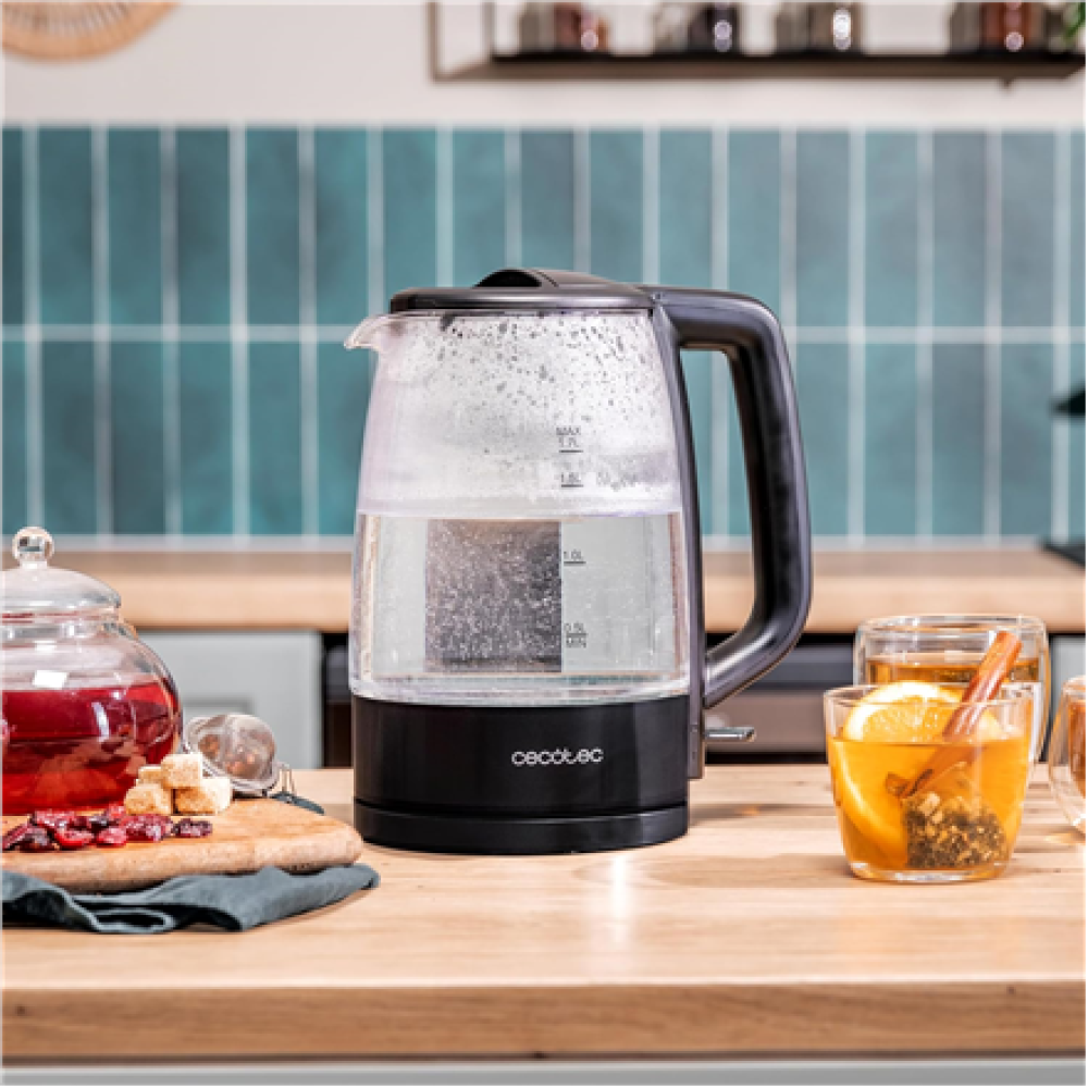 Cecotec Kettle , ThermoSense 320 Clear , 2200 W , Electric , 1.7 L , Glass , 360° rotational base , Black/Transparent