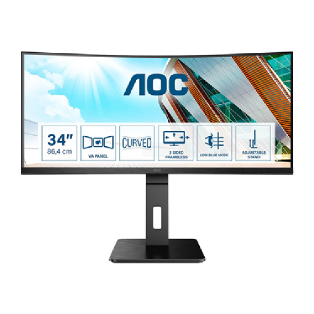 AOC , Curved Monitor , CU34P2A , 34 , VA , 21:9 , 100 Hz , 1 ms , 3440 × 1440 , 300 cd/m² , Headphone out (3.5mm) , HDMI ports quantity HDMI x 2 , Black , Warranty 36 month(s)