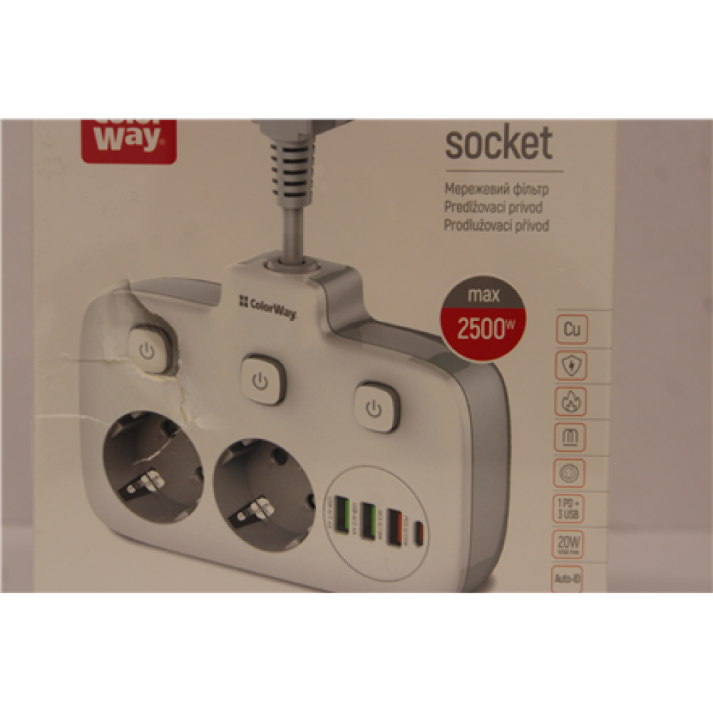 SALE OUT. ColorWay CW-CHE24PDW Power Socket: 2xEU plugs/3xUSB-A/1xUSB-C White 2.5M , ColorWay Power Socket , CW-CHE24PDW , DAMAGED PACKAGING