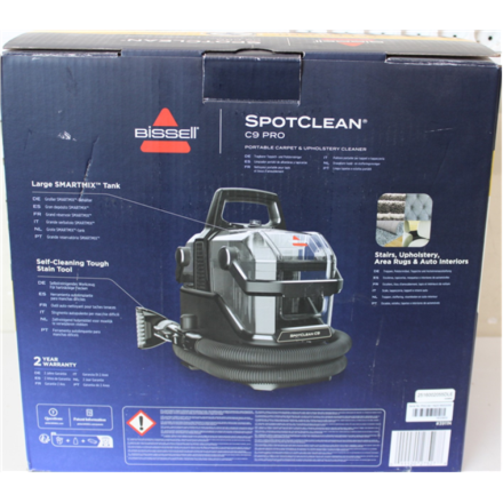 SALE OUT. Bissell SpotClean C9 Pro Portable Carpet & Upholstery Cleaner , Bissell , Portable Carpet and Upholstery Cleaner , SpotClean C9 Pro , Corded operating , Washing function , 400 W , 24 month(s) , ITEM USED AND DIRTY. MISSING: LIQUID, WHEELS