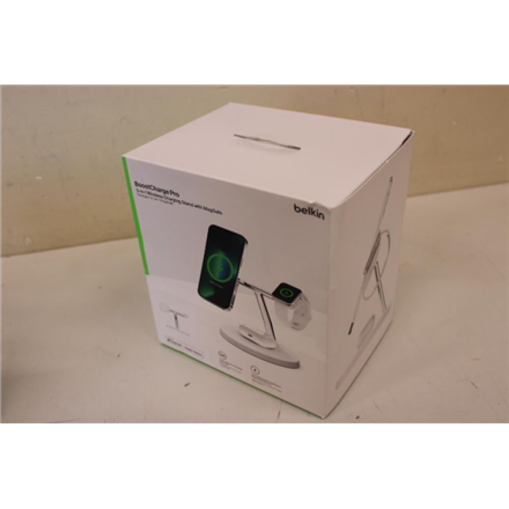 SALE OUT. BELKIN BOOST CHARGE Pro MagSafe 3in1 Wireless Charging Stand + AC Power Adapter, 15W, White , Belkin , Pro MagSafe 3in1 Wireless Charging Stand + AC Power Adapter , BOOST CHARGE , DAMAGED PACKAGING